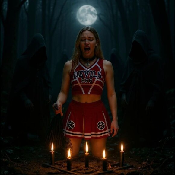 Satans Cheerleader Costume Set Red Devils 666 Top w/ Pleated Skirt & Pom Poms - Picture 9 of 10